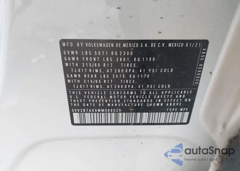 2021 Volkswagen Tiguan 2.0T Se/2.0T Se R-Line Black/2.0T Sel из США, поврежденный, VIN 3VV2B7AX6MM066029